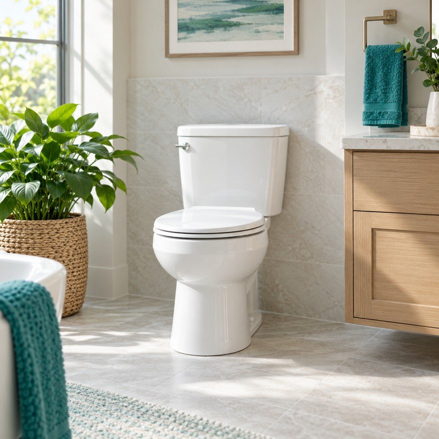 Bright contemporary bathroom with a clean white ceramic toilet